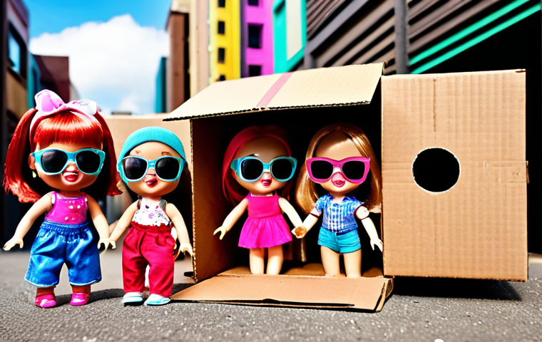 **Prompt:** A vibrant, imaginative play scene featuring LOL Surprise dolls in a cardboard box cityscape. The dolls are dressed in various outfits using accessories like sunglasses and microphones. Children are actively engaged, creating stories and scenarios around their LOL Surprise characters. Focus on the joy and creativity of collaborative play.