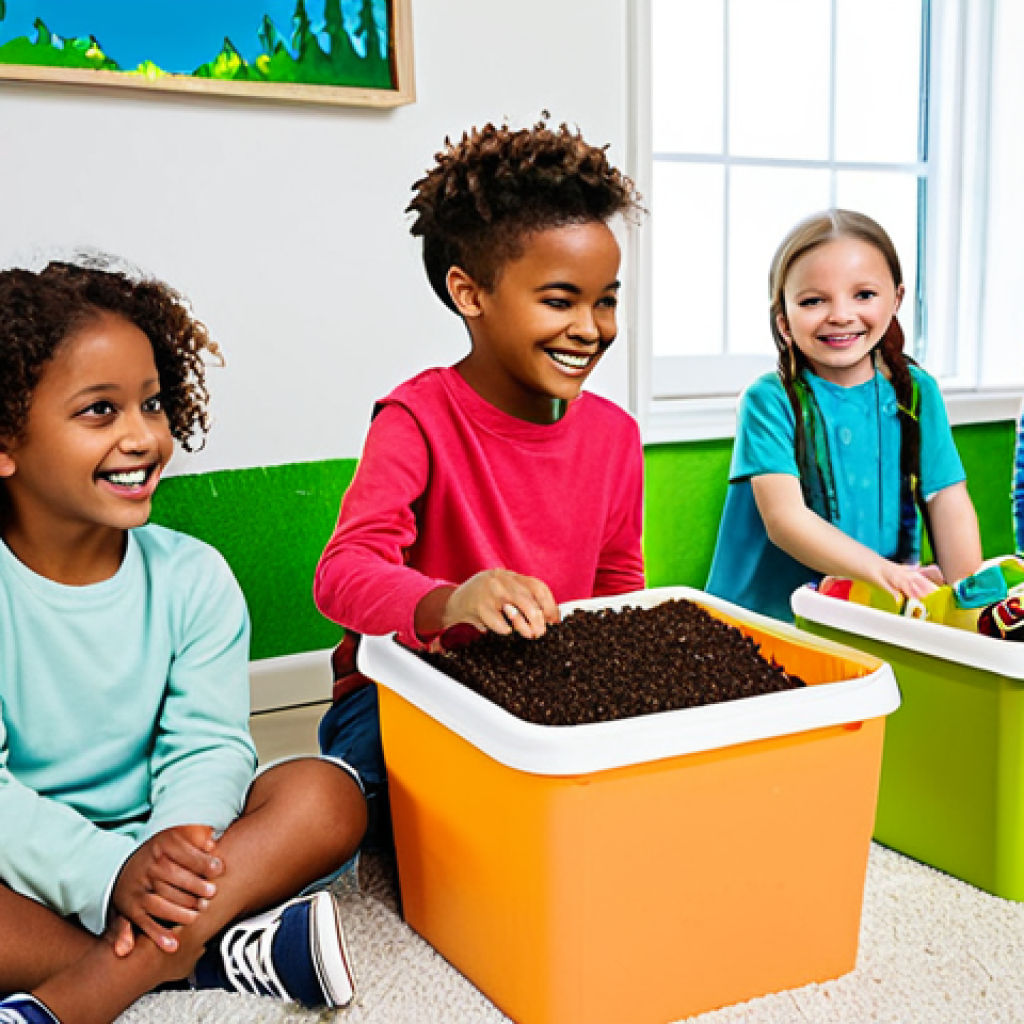 A diverse group of cheerful children (ages 7-10) engaged in educational eco-friendly play in a bright, clean playroom. They are fully clothed in vibrant, modest, casual attire. The room features toys made from recycled materials and creative play setups using transformed eco-friendly packaging; one child holds a toy resembling a small recycling bin, another interacts with an open box that cleverly forms a miniature play scene. Natural light fills the space, complemented by subtle green and blue decor accents. Professional photography, high quality, optimistic lighting, clear focus. Perfect anatomy, correct proportions, well-formed hands, proper finger count, natural pose, natural body proportions. Safe for work, appropriate content, fully clothed, family-friendly, modest clothing.
