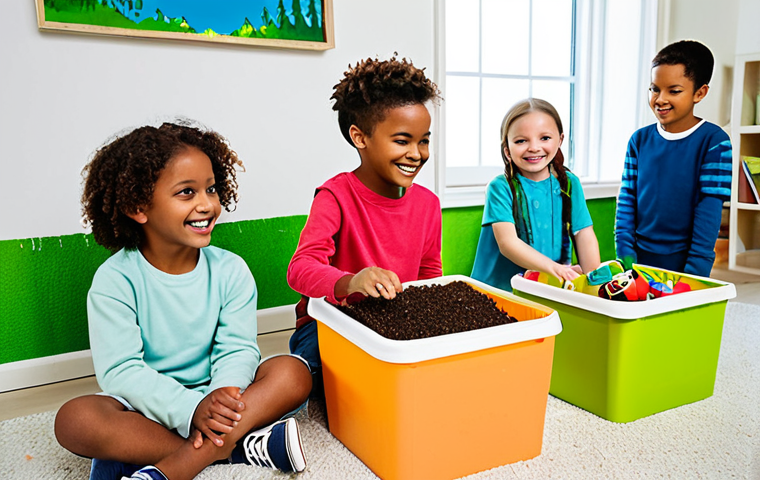 A diverse group of cheerful children (ages 7-10) engaged in educational eco-friendly play in a bright, clean playroom. They are fully clothed in vibrant, modest, casual attire. The room features toys made from recycled materials and creative play setups using transformed eco-friendly packaging; one child holds a toy resembling a small recycling bin, another interacts with an open box that cleverly forms a miniature play scene. Natural light fills the space, complemented by subtle green and blue decor accents. Professional photography, high quality, optimistic lighting, clear focus. Perfect anatomy, correct proportions, well-formed hands, proper finger count, natural pose, natural body proportions. Safe for work, appropriate content, fully clothed, family-friendly, modest clothing.