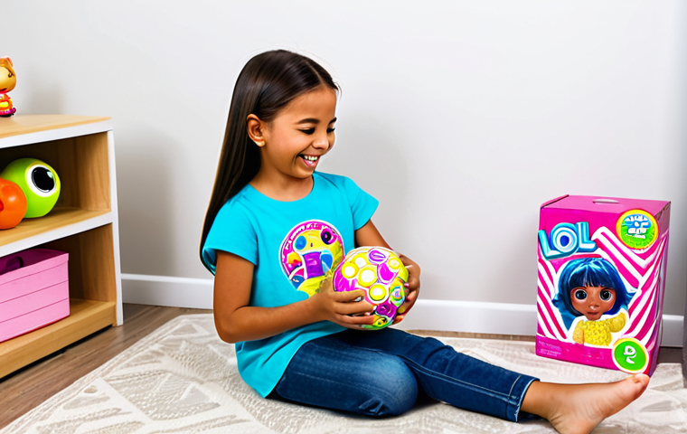 A joyful child, approximately 8 years old, fully clothed in a bright, modest t-shirt and jeans, gently unwrapping a multi-layered LOL Surprise spherical package. The child's hands are well-formed with proper finger count, carefully revealing colorful stickers and a small, vibrant LOL Surprise doll within the packaging. The setting is a clean, well-lit playroom with soft, natural light, emphasizing a sense of anticipation and discovery. Professional photography, perfect anatomy, correct proportions, natural pose, safe for work, appropriate content, fully clothed, family-friendly.