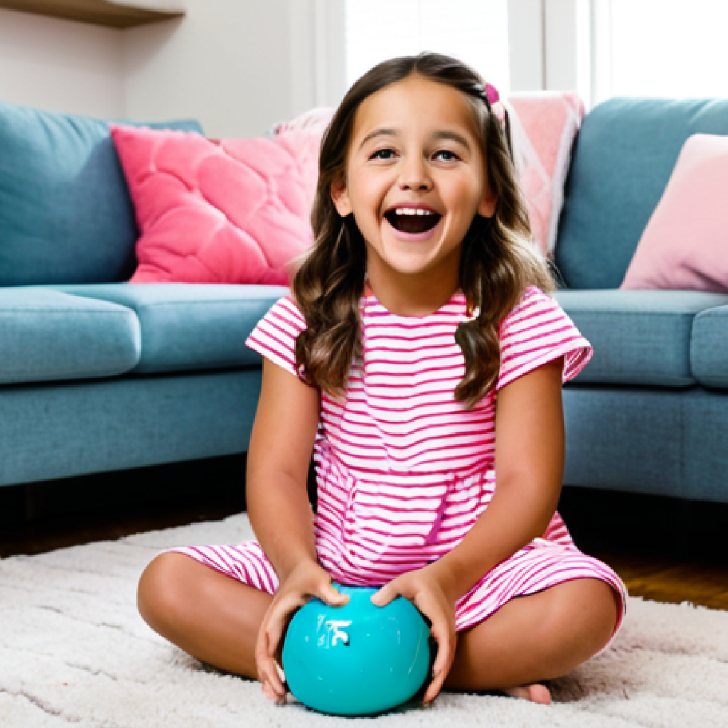 A cheerful young girl, fully clothed in modest, comfortable attire, sitting on a plush rug in a brightly lit, organized living room. Her face radiates pure joy and anticipation as she carefully unwraps the colorful layers of a new LOL Surprise toy, with small, playful accessories beginning to emerge around her. The image captures the innocent excitement of discovery and childhood wonder. safe for work, appropriate content, family-friendly, perfect anatomy, correct proportions, natural pose, well-formed hands, proper finger count, natural body proportions, professional photography, high resolution, soft lighting.