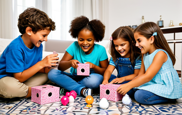 **

"A group of fully clothed, diverse children excitedly unboxing LOL Surprise dolls in a brightly decorated living room in Lisbon, Portugal. The room features traditional Portuguese azulejo tiles and contemporary furniture. The children are smiling and showing off the dolls and accessories. Focus on the joy of discovery and friendship. safe for work, appropriate content, fully clothed, family-friendly, perfect anatomy, correct proportions, professional photography, high quality"

**