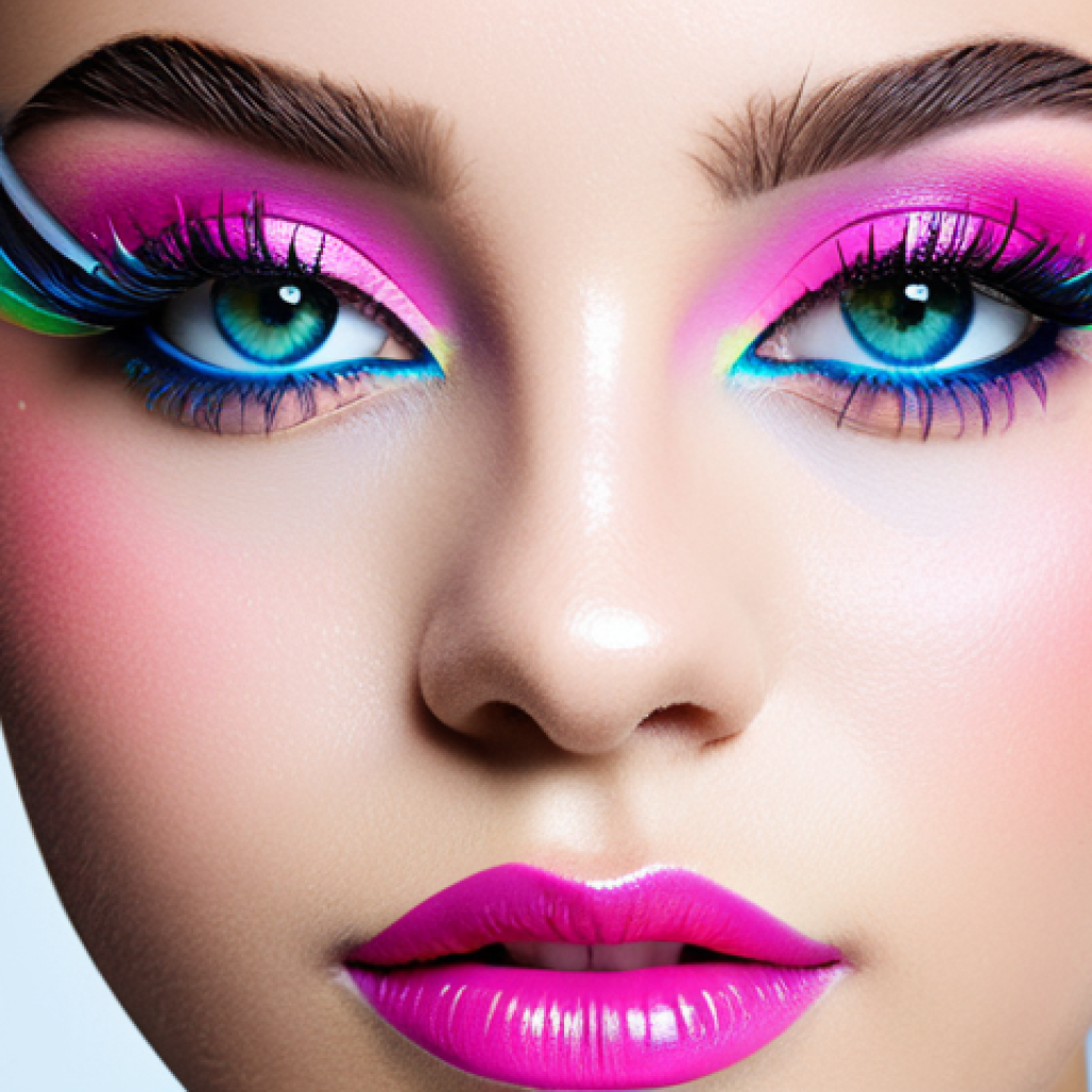 Rainbow Eyes & Glossy Lips**

A young woman with vibrant rainbow eyeshadow (pink, blue, lime green), graphic eyeliner (double winged, black and bright blue), and dramatic false eyelashes. She wears modest, trendy clothing. Her lips are glossy fuchsia. Background: A brightly lit makeup studio. Perfect anatomy, correct proportions, well-formed hands, proper finger count, natural pose, professional photography, high quality, safe for work, appropriate content, fully clothed, modest.

**