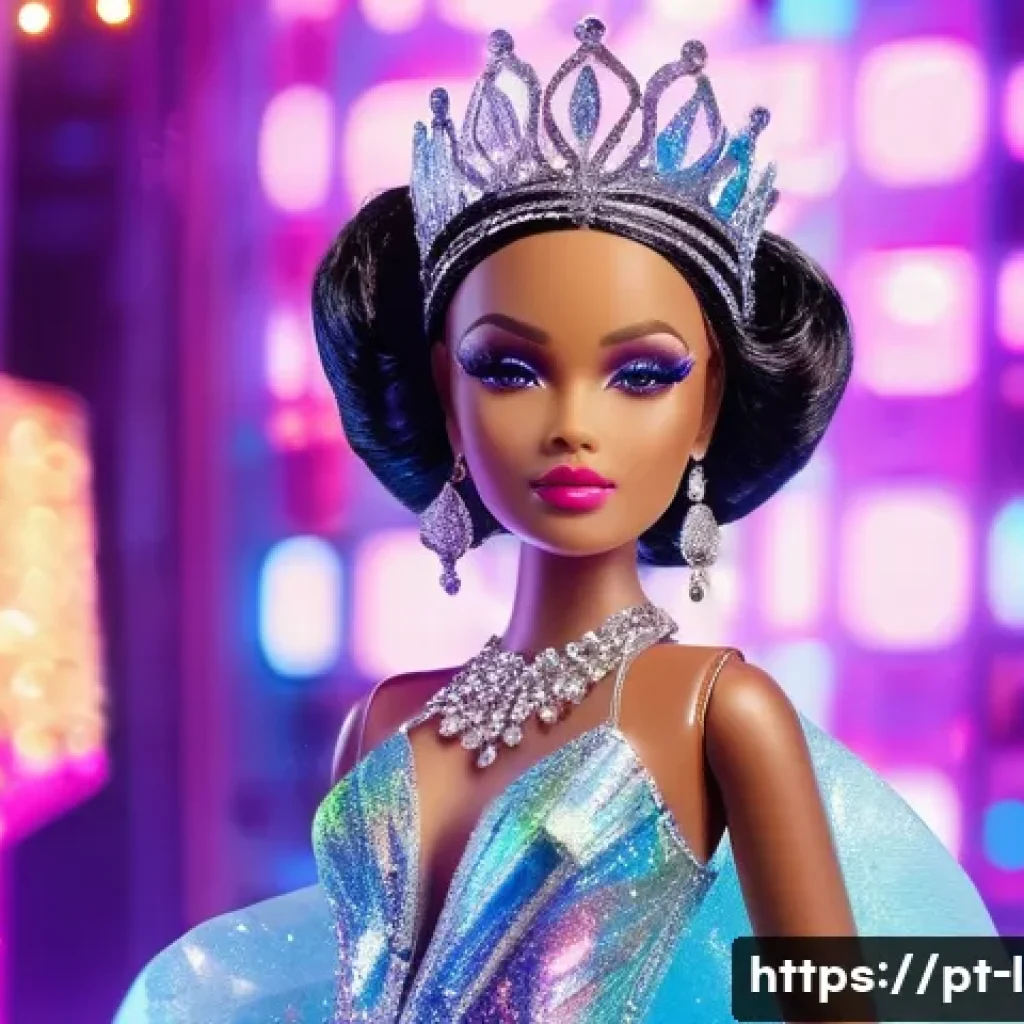LOL 서프라이즈 캐릭터 생성 배경 - A glamorous and stylish female doll named "Glitter Queen" dressed in a sparkling, iridescent outfit ...