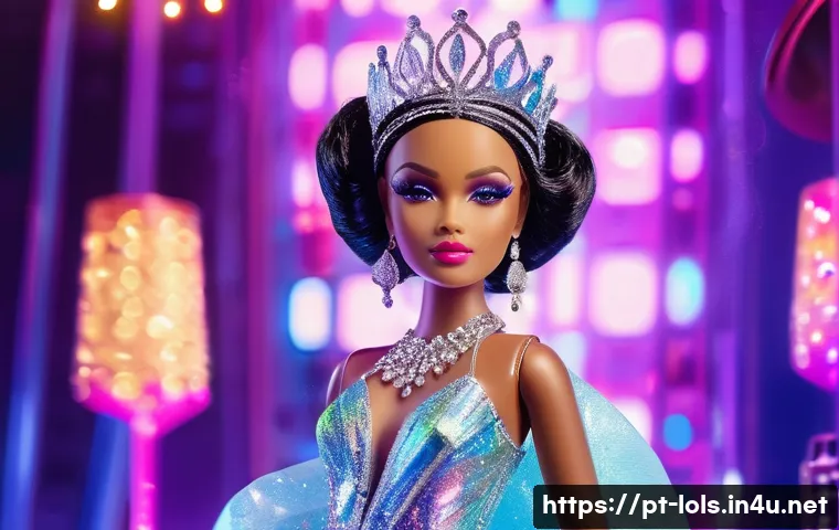 LOL 서프라이즈 캐릭터 생성 배경 - A glamorous and stylish female doll named "Glitter Queen" dressed in a sparkling, iridescent outfit ...