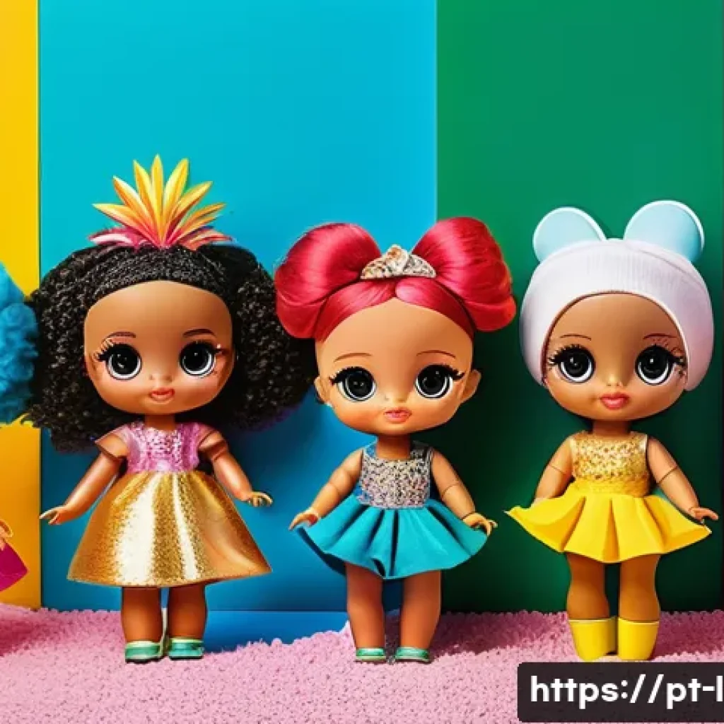 LOL 서프라이즈 스토리텔링 요소 - A vibrant scene featuring a diverse collection of LOL Surprise dolls arranged in a colorful Brazilia...
