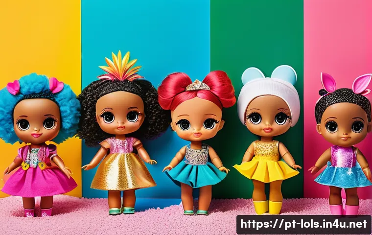 LOL 서프라이즈 스토리텔링 요소 - A vibrant scene featuring a diverse collection of LOL Surprise dolls arranged in a colorful Brazilia...
