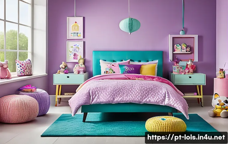 LOL 서프라이즈로 꾸미는 방 인테리어 - A vibrant and playful children's bedroom inspired by LOL Surprise theme, featuring walls painted in ...