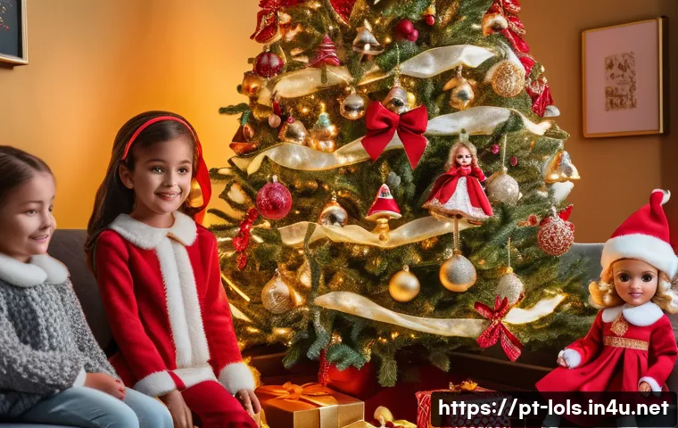 LOL 서프라이즈로 만든 크리스마스 장식 - A colorful Christmas tree decorated with hanging LOL Surprise dolls wearing festive red and gold sat...