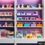 Home 23 LOL 서프라이즈의 리페어 및 유지보수 - A detailed scene showing a collector's workspace for LOL Surprise dolls: a clean, organized shelf wi...