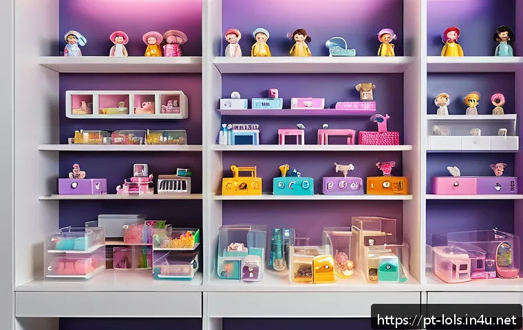 LOL 서프라이즈의 리페어 및 유지보수 - A detailed scene showing a collector's workspace for LOL Surprise dolls: a clean, organized shelf wi...