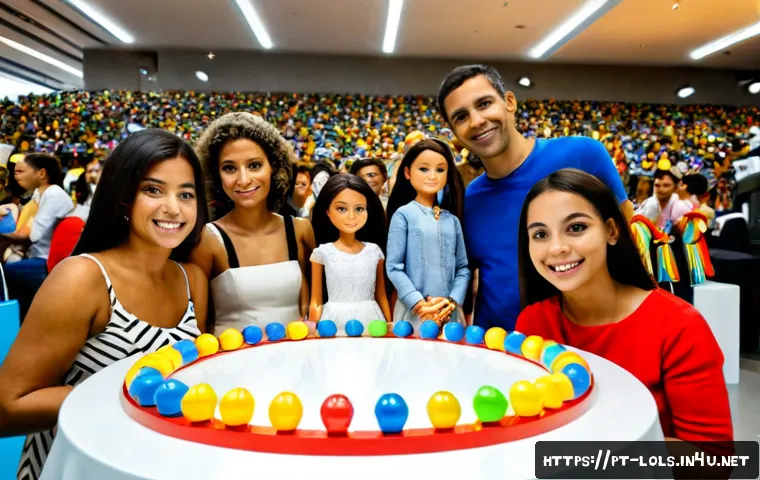 LOL 서프라이즈의 글로벌 팬덤 이벤트 소개 - Photorealistic family-friendly collectible doll fan event in São Paulo, Brazil, diverse Brazilian ch...